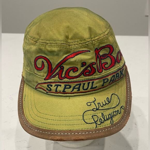RARE Vintage Y2K True Religion Distressed Army Cap Embroidered Leather Hat S